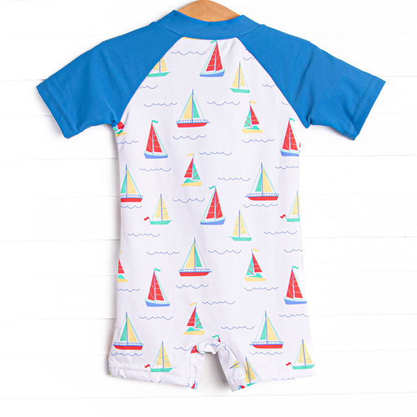 Boat Day Breeze One Piece Rash Guard, Blue