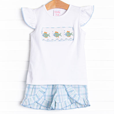 Bayside Bubbles Smocked Ruffle Short Set, Blue