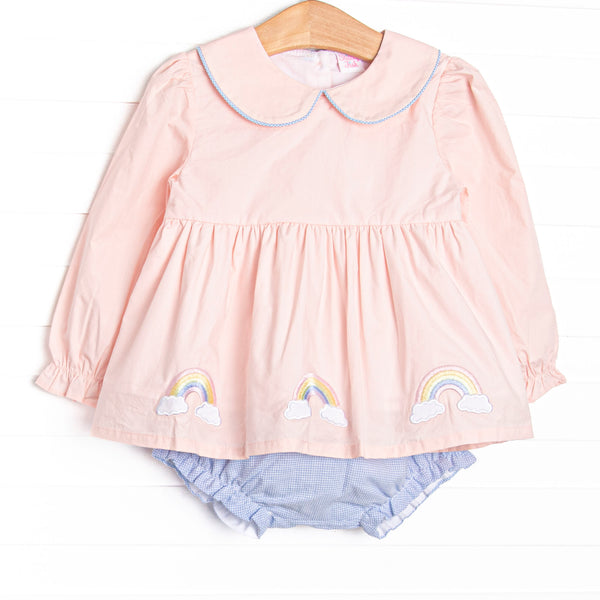 This set features pink woven fabric, rainbow appliques, and a pink Peter Pan collar. Coordinating blue gingham diaper cover to match.