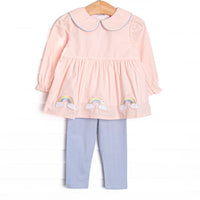  This set features pink woven fabric, rainbow appliques, and long sleeves. Coordinating blue leggings to match. 