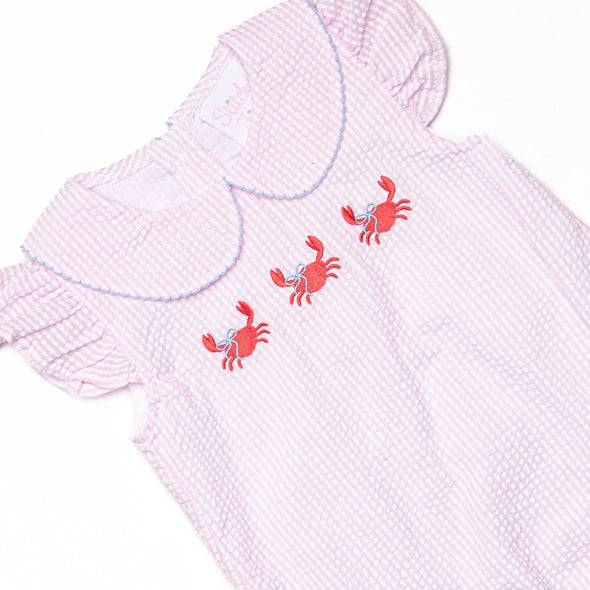 Crab Walk Cutie Embroidered Bubble, Pink Seersucker