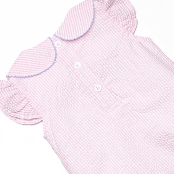 Crab Walk Cutie Embroidered Bubble, Pink Seersucker