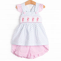 Seahorse Somersaults Smocked Ruffle Short Set, Pink