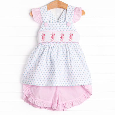 Seahorse Somersaults Smocked Ruffle Short Set, Pink