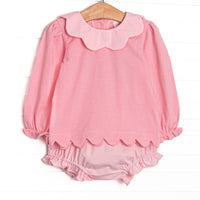 This set features a pink scalloped trim top with a pink striped scalloped collar, and pink striped diaper cover to match.