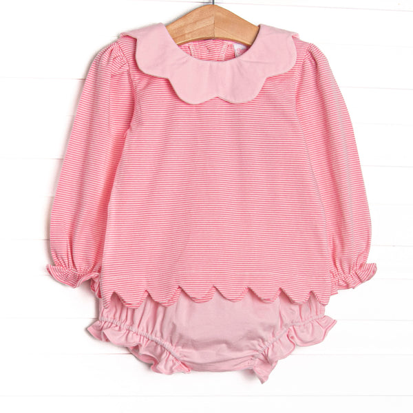 This set features a pink scalloped trim top with a pink striped scalloped collar, and pink striped diaper cover to match.