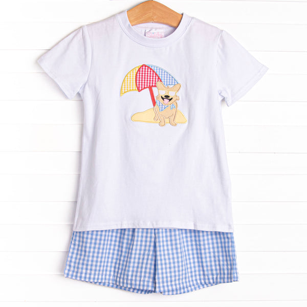 Corgi on the Coast Applique Short Set, Blue