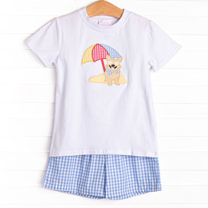 Corgi on the Coast Applique Short Set, Blue