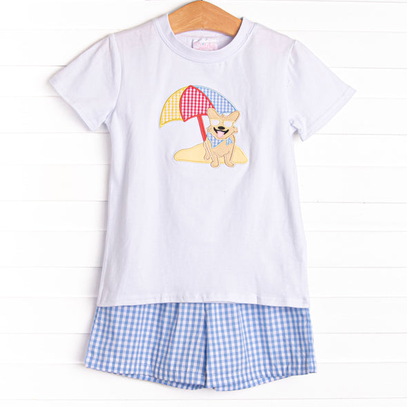 Corgi on the Coast Applique Short Set, Blue