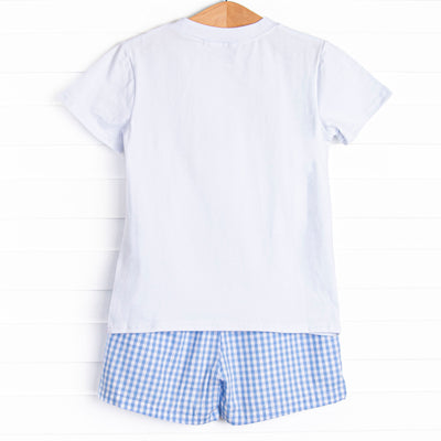 Corgi on the Coast Applique Short Set, Blue