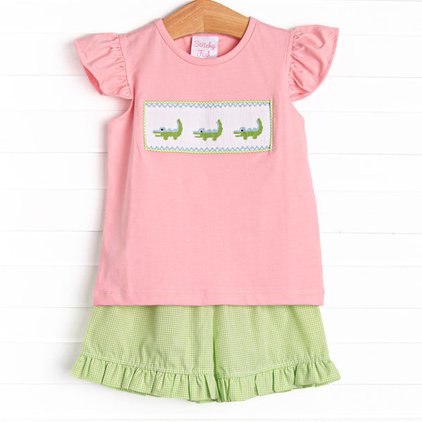 Dundee Darling Smocked Ruffle Short Set, Pink