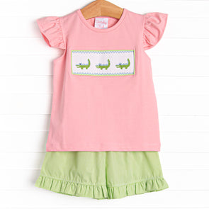 Dundee Darling Smocked Ruffle Short Set, Pink