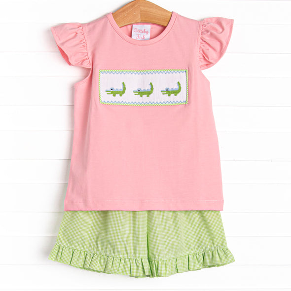 Dundee Darling Smocked Ruffle Short Set, Pink