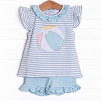 This set features a flutter sleeve top in a blue striped print and a beach ball applique. Coordinating blue ruffle shorts to match.
