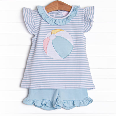 This set features a flutter sleeve top in a blue striped print and a beach ball applique. Coordinating blue ruffle shorts to match.