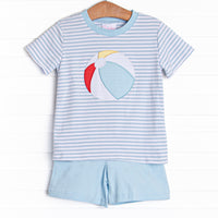 This set features a short sleeve top in a blue striped print and a beach ball applique. Coordinating blue knit shorts to match.