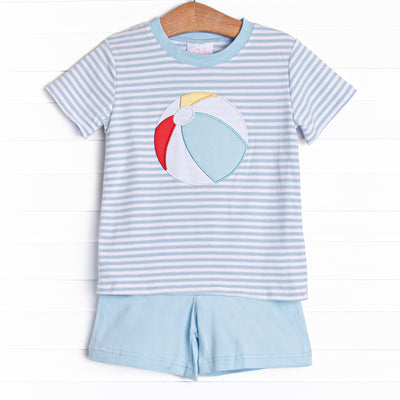 This set features a short sleeve top in a blue striped print and a beach ball applique. Coordinating blue knit shorts to match.