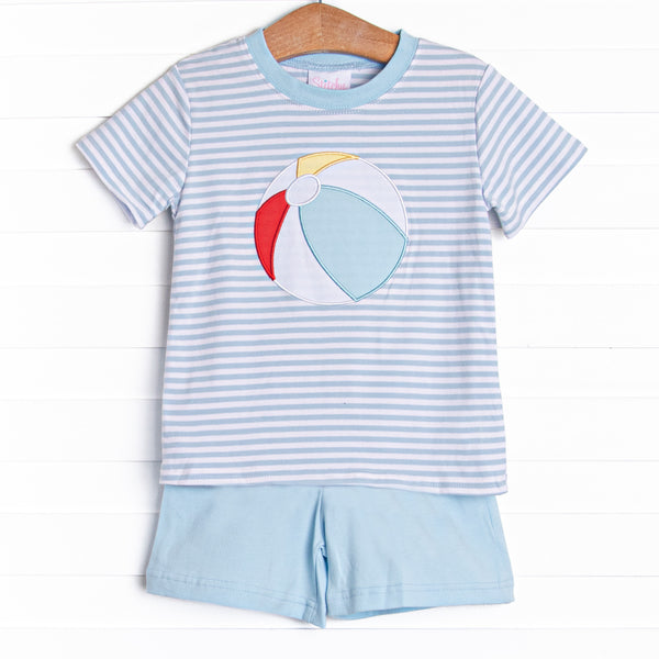 This set features a short sleeve top in a blue striped print and a beach ball applique. Coordinating blue knit shorts to match.