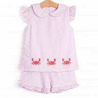 Crab Walk Cutie Embroidered Short Set, Pink Seersucker