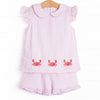 Crab Walk Cutie Embroidered Short Set, Pink Seersucker