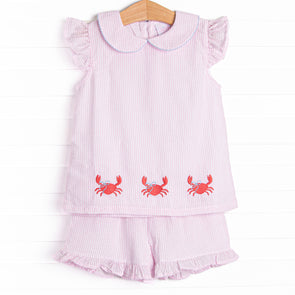 Crab Walk Cutie Embroidered Short Set, Pink Seersucker