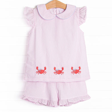 Crab Walk Cutie Embroidered Short Set, Pink Seersucker