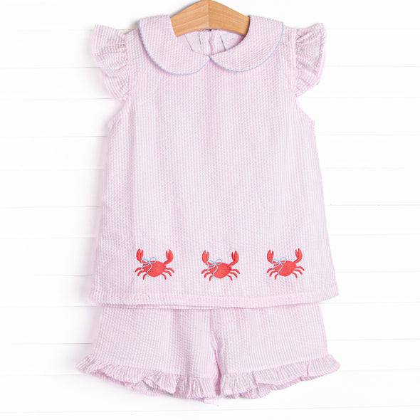 Crab Walk Cutie Embroidered Short Set, Pink Seersucker