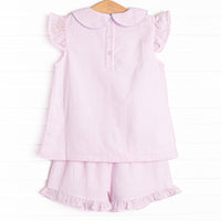 Crab Walk Cutie Embroidered Short Set, Pink Seersucker