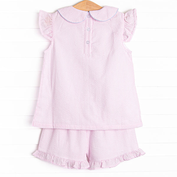 Crab Walk Cutie Embroidered Short Set, Pink Seersucker