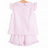 Crab Walk Cutie Embroidered Short Set, Pink Seersucker