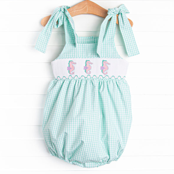 Sea Grass Seahorses Smocked Bubble, Mint