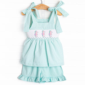 Sea Grass Seahorses Smocked Short Set, Mint
