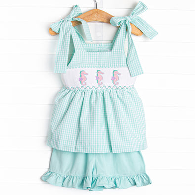 Sea Grass Seahorses Smocked Short Set, Mint
