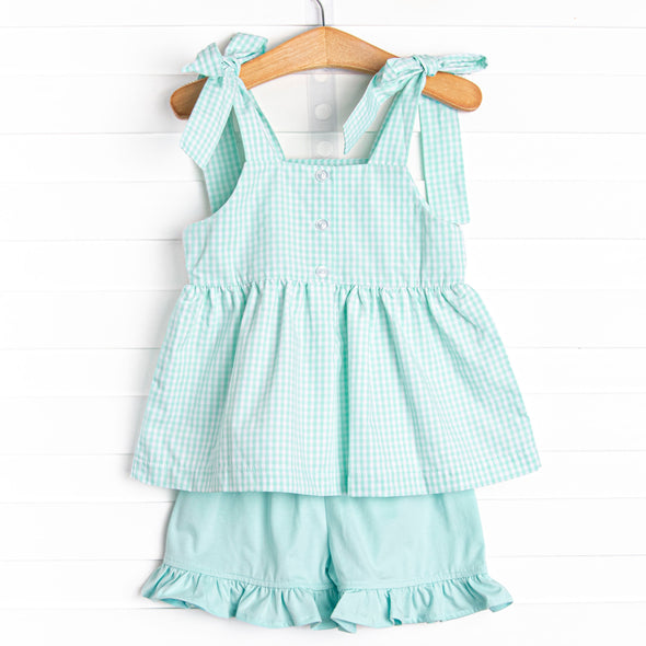 Sea Grass Seahorses Smocked Short Set, Mint