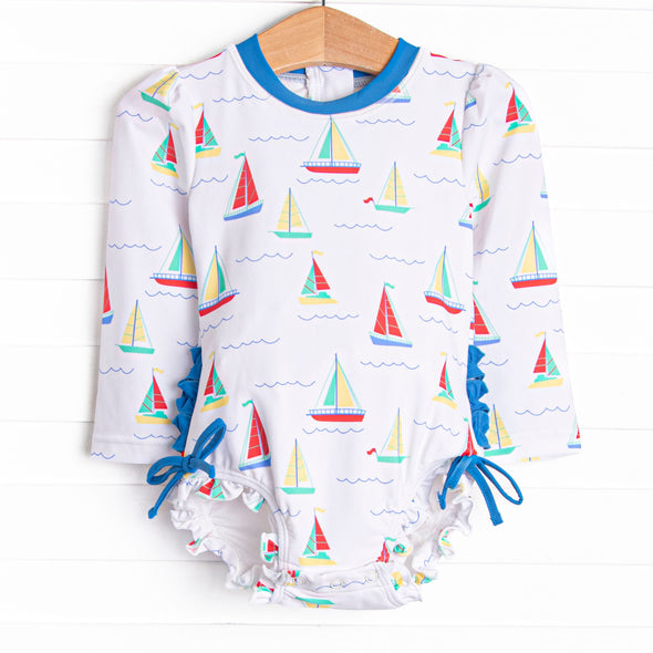Boat Day Breeze Long Sleeve One Piece Rash Guard, Blue
