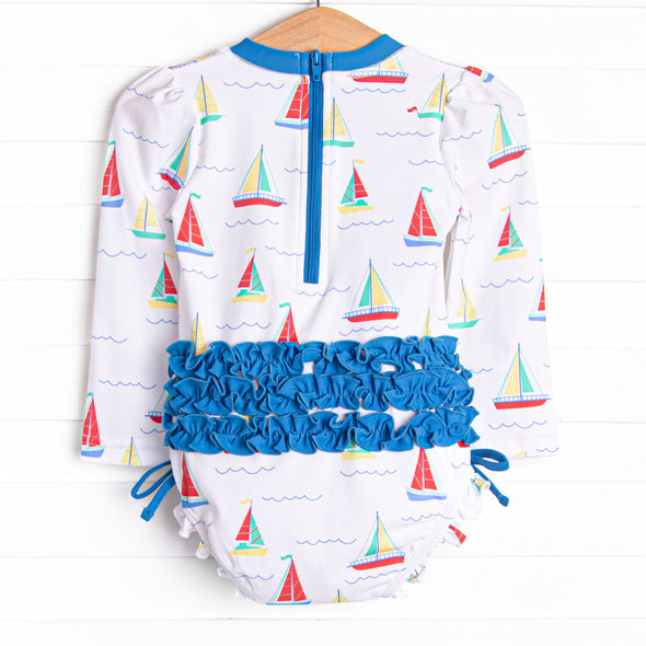 Boat Day Breeze Long Sleeve One Piece Rash Guard, Blue