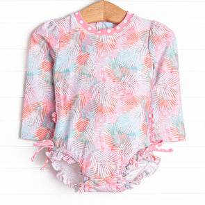 Palm Frond Fun Long Sleeve One Piece Rash Guard, Pink