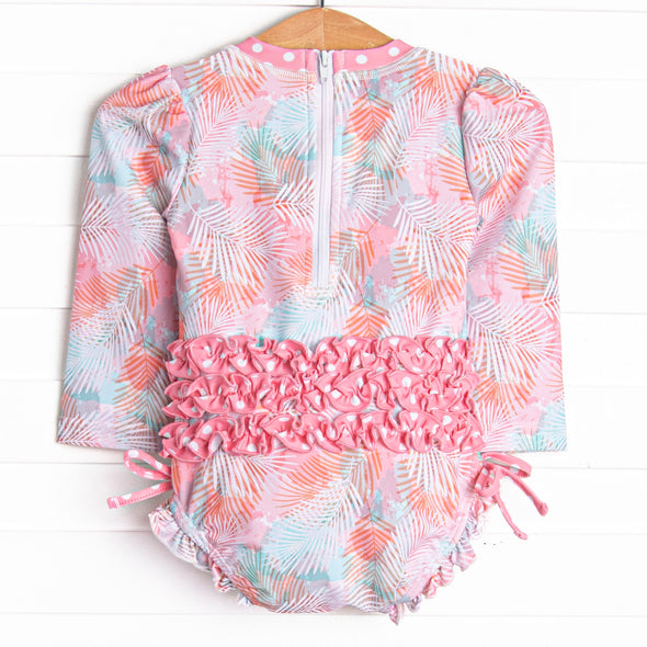 Palm Frond Fun Long Sleeve One Piece Rash Guard, Pink