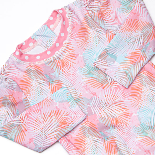 Palm Frond Fun Long Sleeve One Piece Rash Guard, Pink