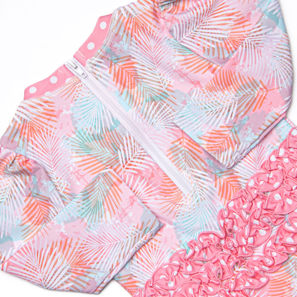 Palm Frond Fun Long Sleeve One Piece Rash Guard, Pink