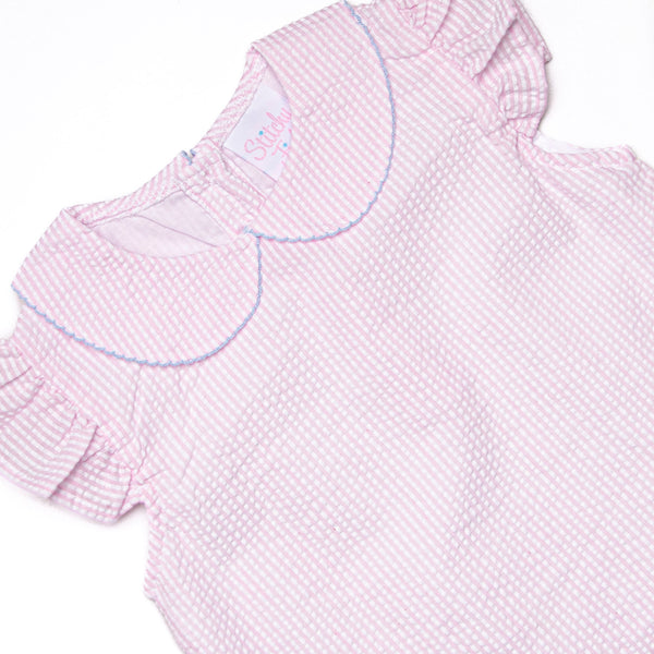 Crab Walk Cutie Embroidered Short Set, Pink Seersucker