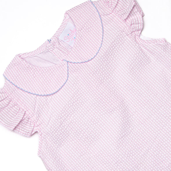 Crab Walk Cutie Embroidered Short Set, Pink Seersucker