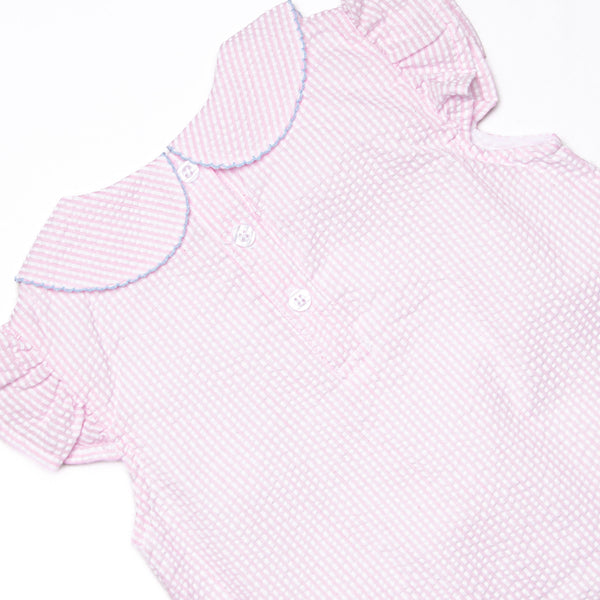 Crab Walk Cutie Embroidered Short Set, Pink Seersucker