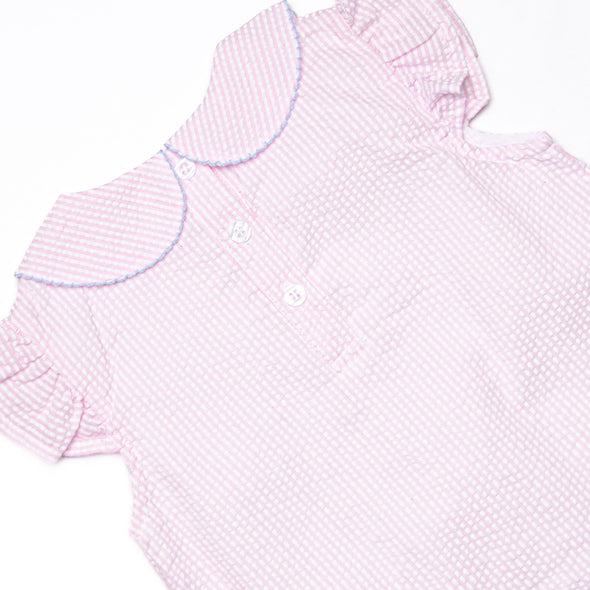 Crab Walk Cutie Embroidered Short Set, Pink Seersucker
