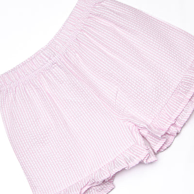 Crab Walk Cutie Embroidered Short Set, Pink Seersucker