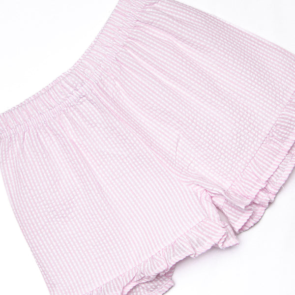 Crab Walk Cutie Embroidered Short Set, Pink Seersucker