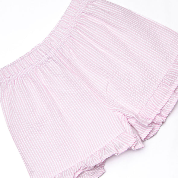 Crab Walk Cutie Embroidered Short Set, Pink Seersucker