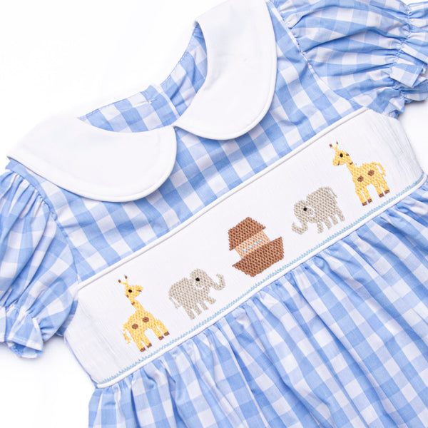 Noah's Ark Smocked Puff Sleeve Dress, Blue