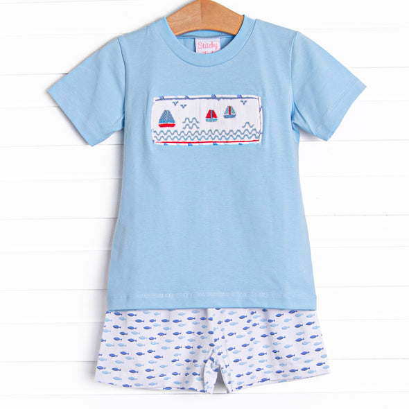 Sailboat Swarm Smocked Short Set, Blue