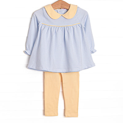  This set features light blue stripes, a yellow&nbsp; peter pan collar, and yellow leggings. 